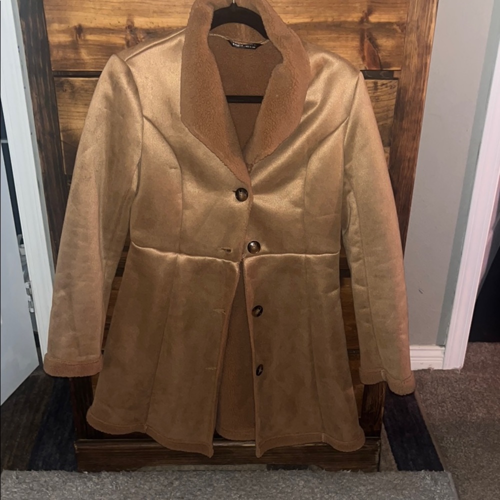 Tan Teddy Jacket with Soft Fuzzy Material and Long Length